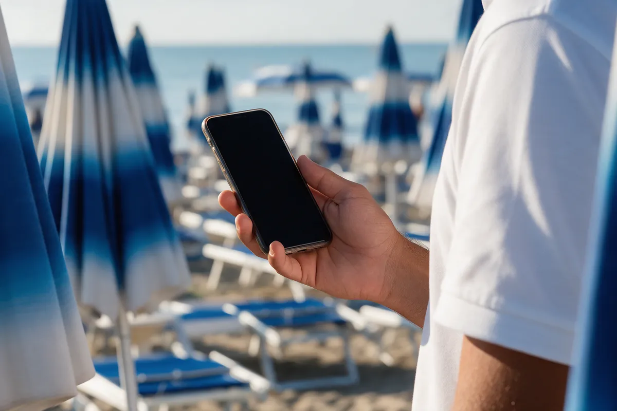 Un addetto alla spiaggia con lo smartphone in mano tra le file di ombrelloni