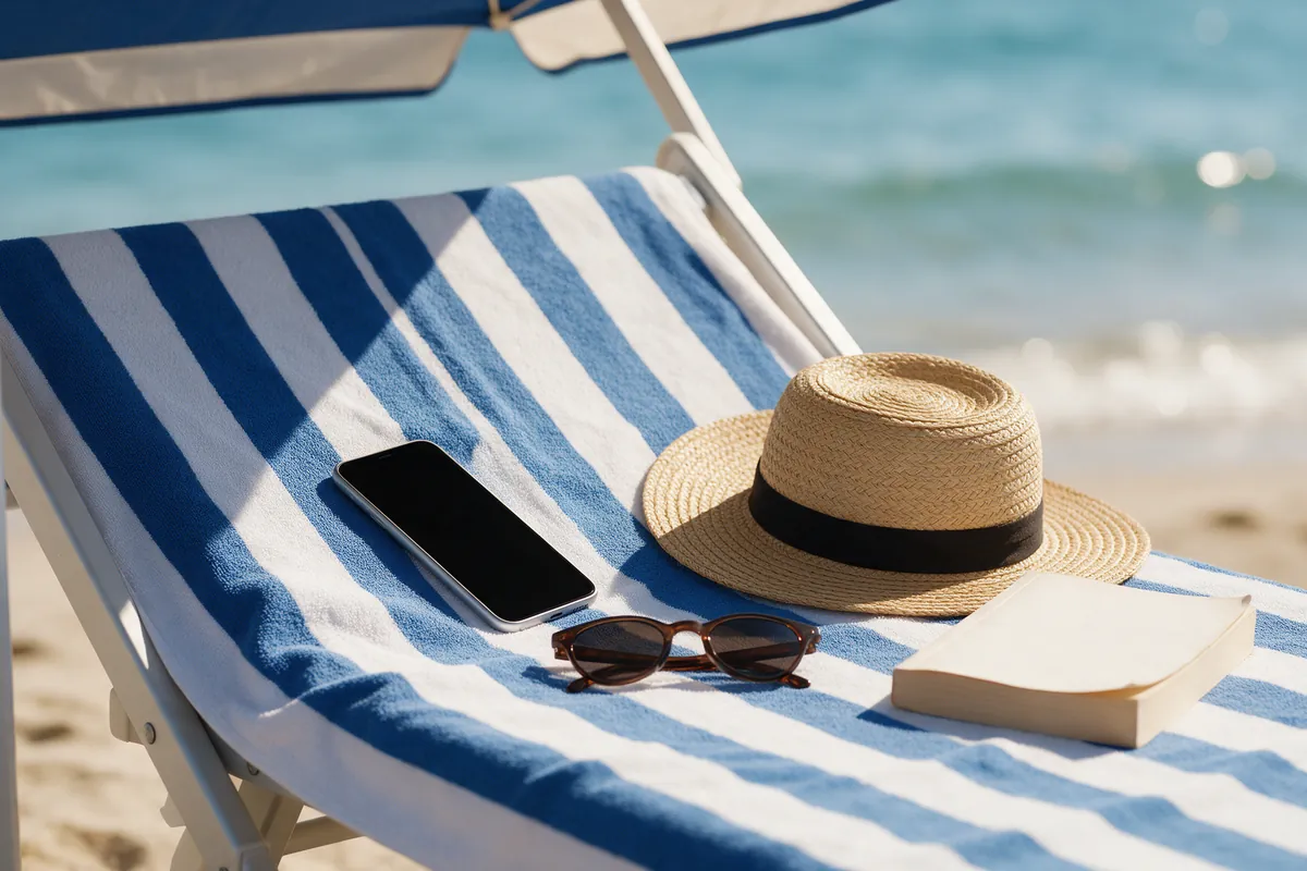 Un telefono, un cappello di paglia e un libro su un lettino, sotto l'ombrellone