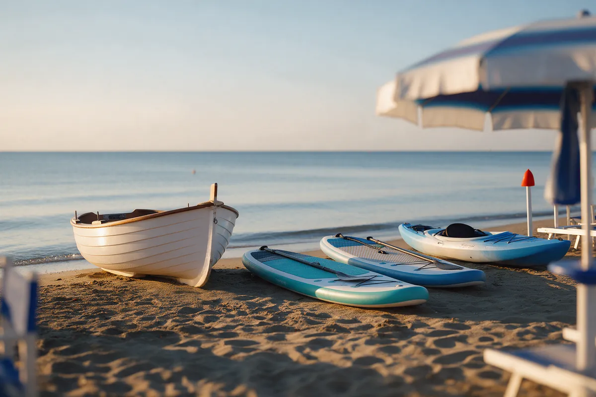 Una barca, due tavole da SUP e un kayak sulla riva davanti allo stabilimento