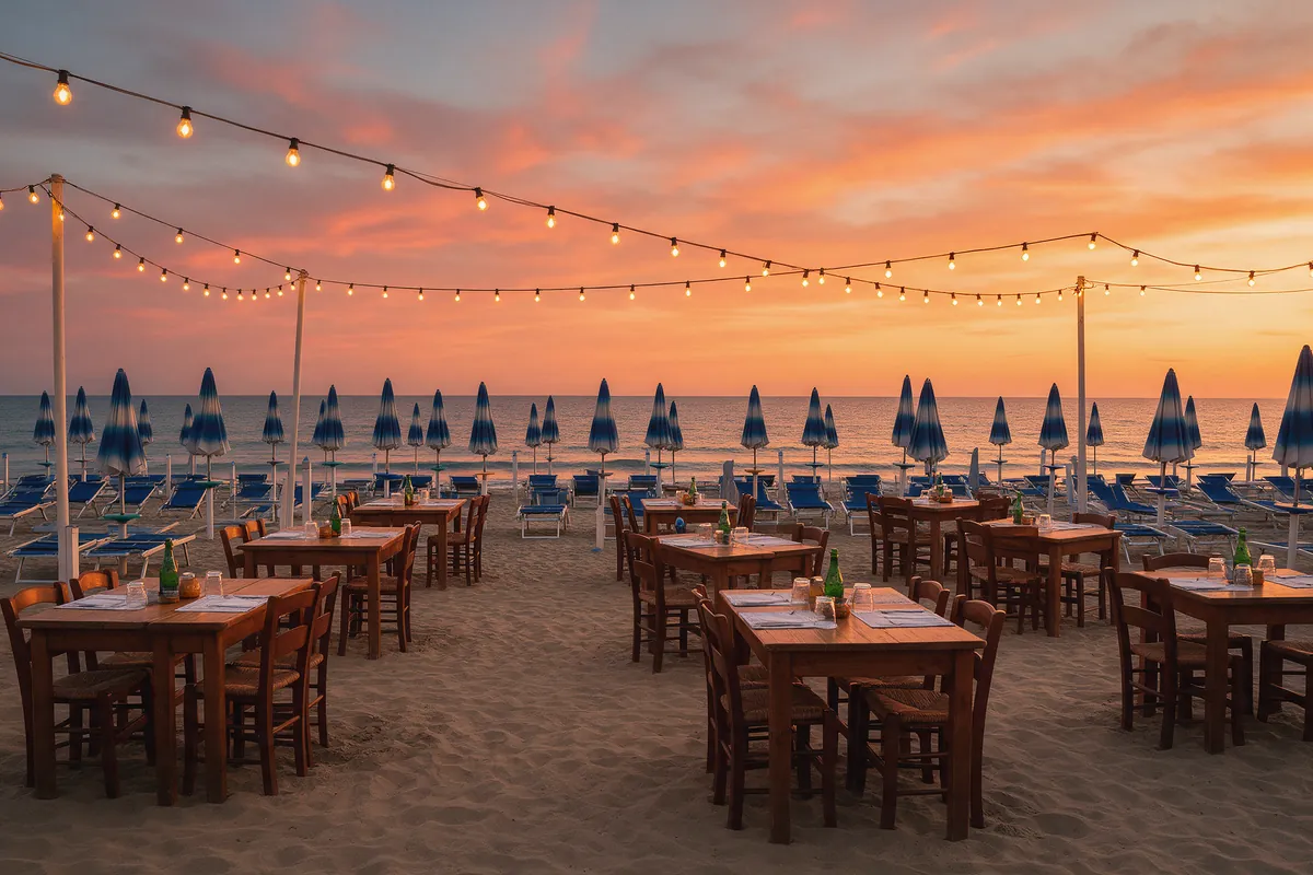 Aperitivo al tramonto in uno stabilimento balneare, con tavoli sulla sabbia e luci accese