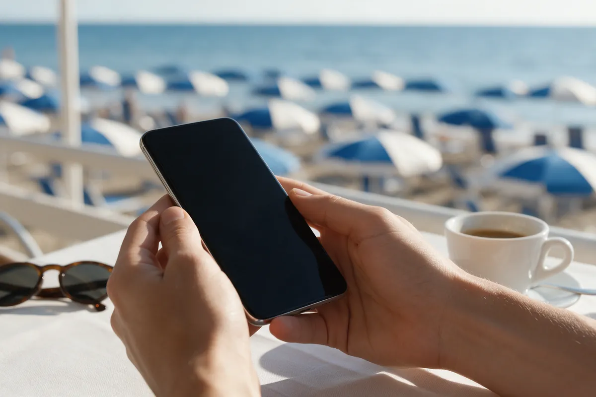 Una persona prenota dal telefono, con la spiaggia sullo sfondo