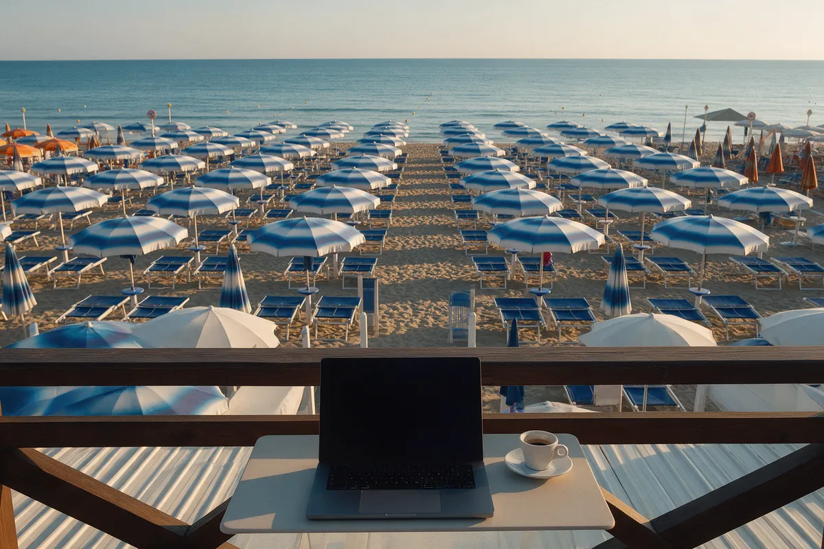 Stabilimento balneare in alta stagione visto da una terrazza, con un computer chiuso sul tavolo