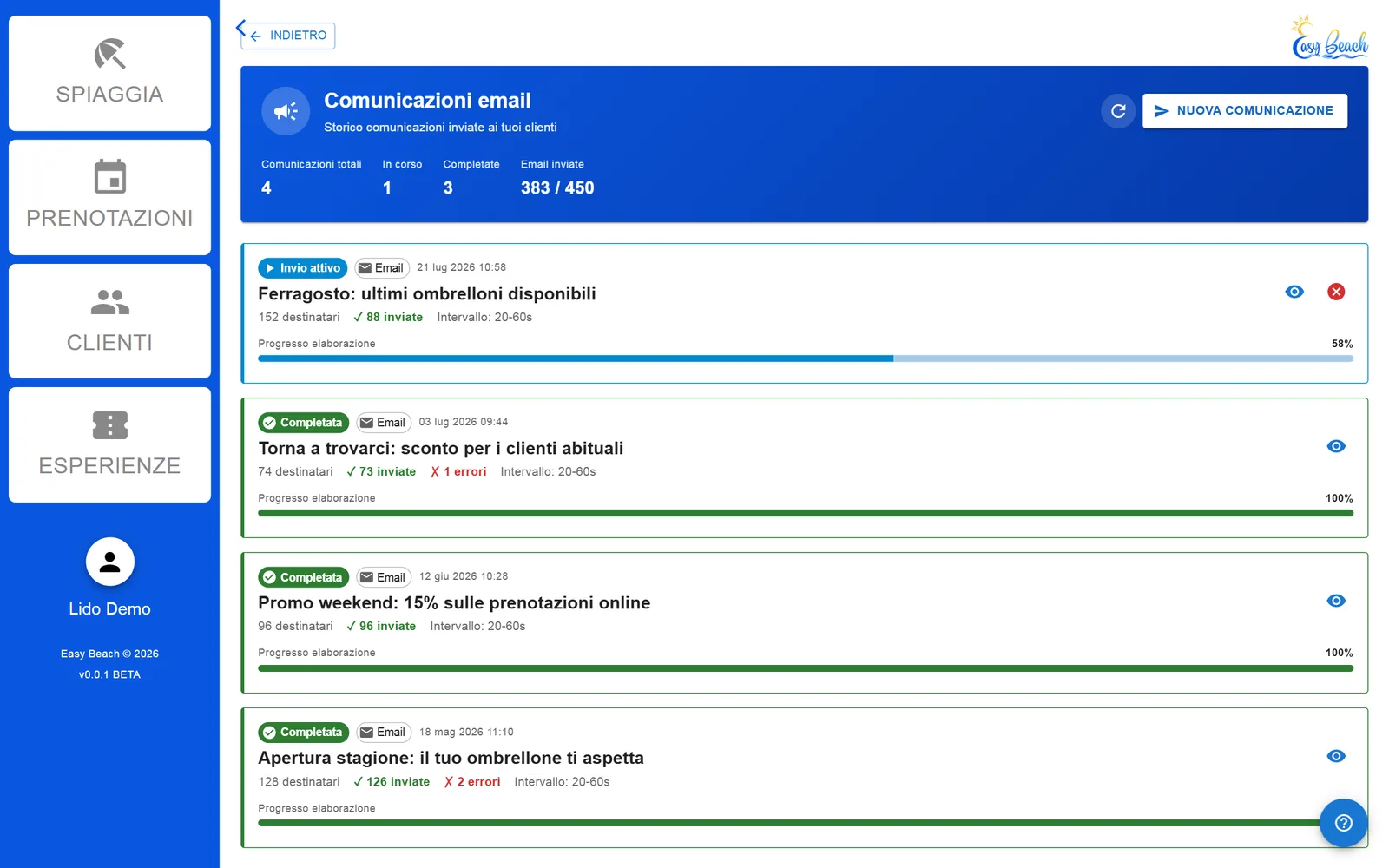 Elenco delle comunicazioni email inviate ai clienti dal gestionale Easy Beach
