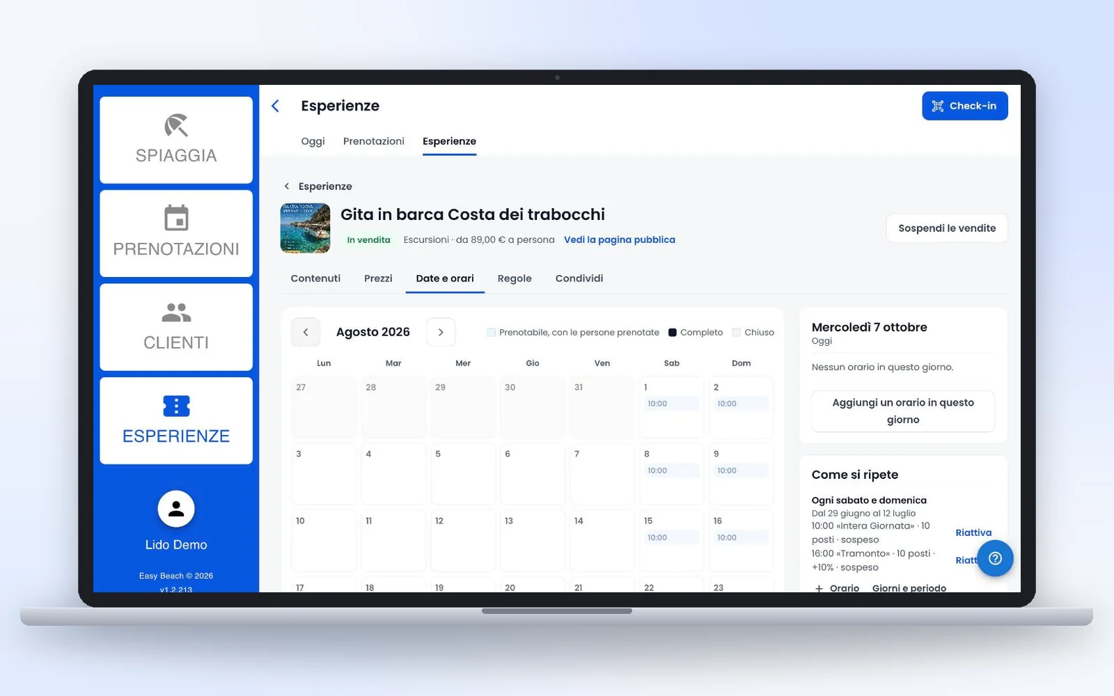 Scheda di un'esperienza in Easy Beach con il calendario delle date e degli orari, i prezzi e le regole