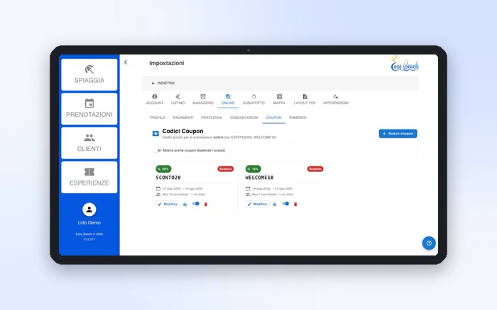 Codici coupon per le prenotazioni online con validità, limiti di utilizzo e statistiche