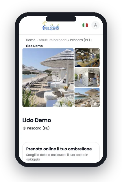 La pagina dello stabilimento dal telefono del cliente, da cui prenota e gestisce le sue prenotazioni