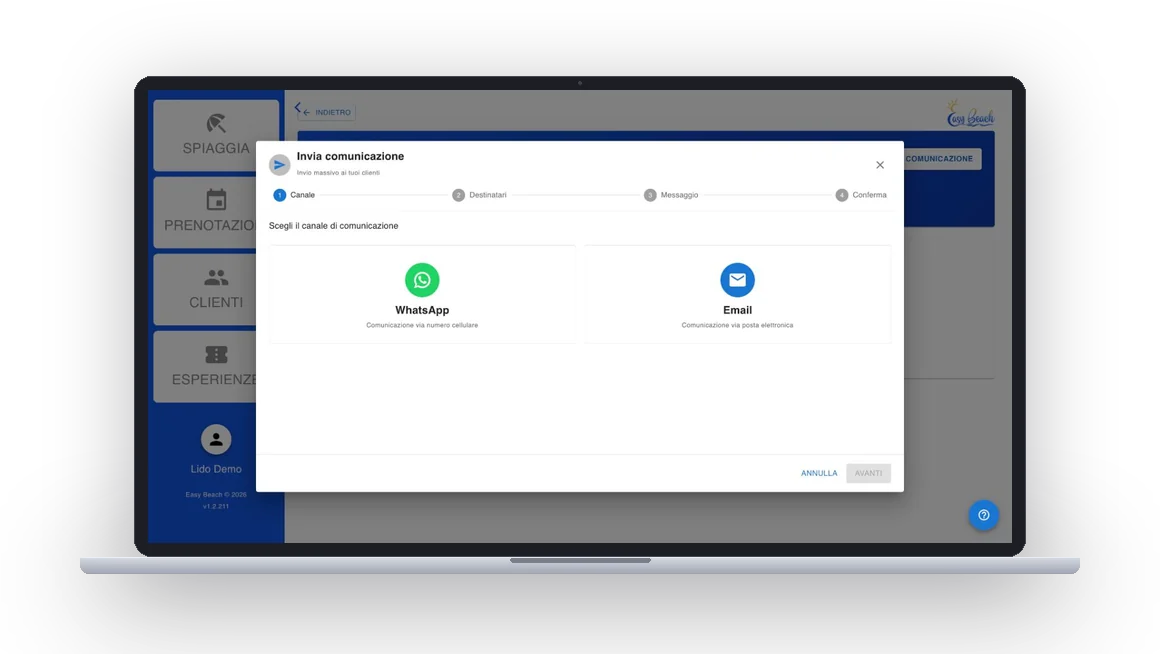 Invio di una comunicazione ai clienti da Easy Beach: scelta del canale, WhatsApp o email