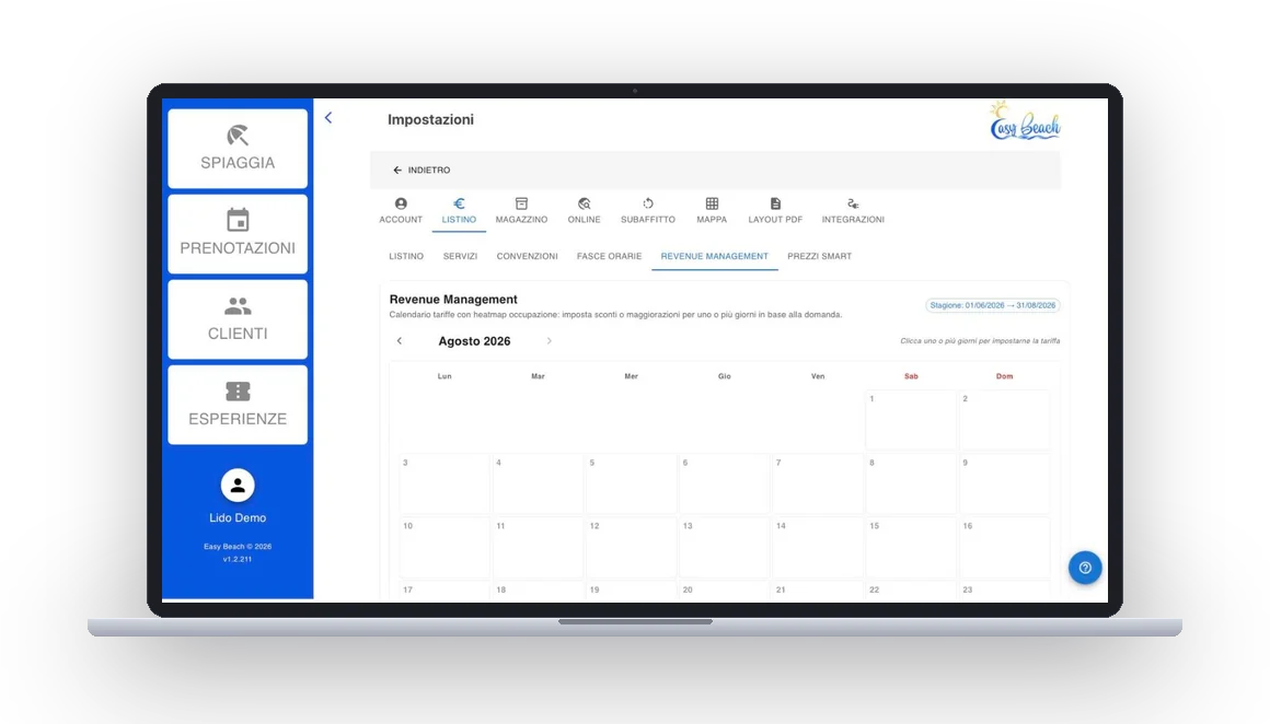 Calendario delle tariffe in Easy Beach, con sconti e maggiorazioni per giorno in base alla domanda