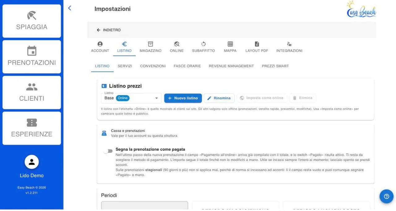 Listino prezzi con periodi stagionali nel gestionale Easy Beach