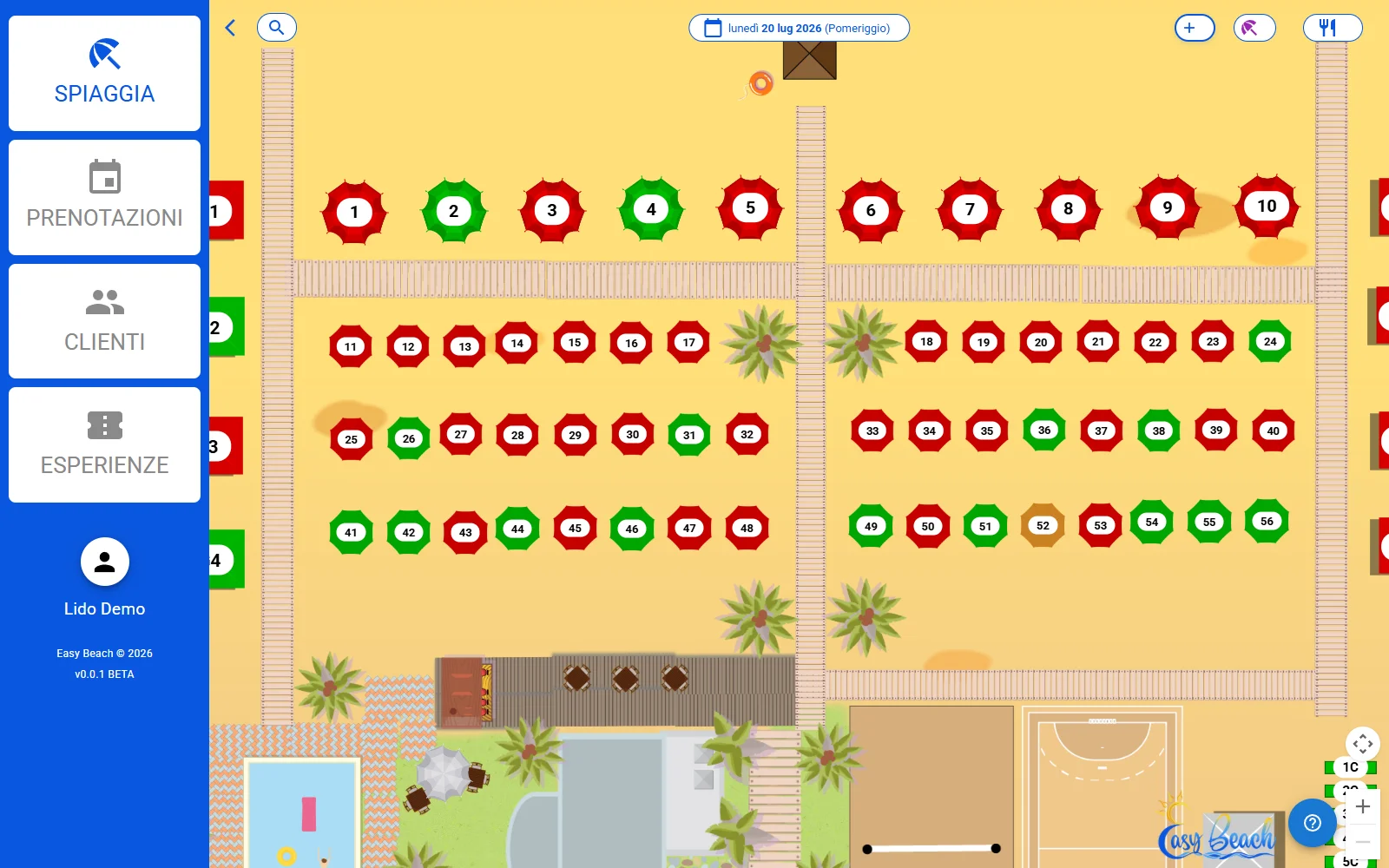Mappa della spiaggia in Easy Beach con lo stato di ogni postazione