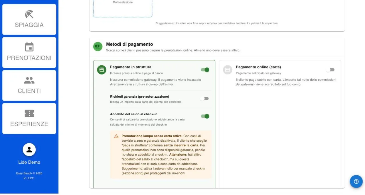 Impostazioni di Easy Beach: pagamento in struttura con richiesta di garanzia e addebito del saldo al check-in