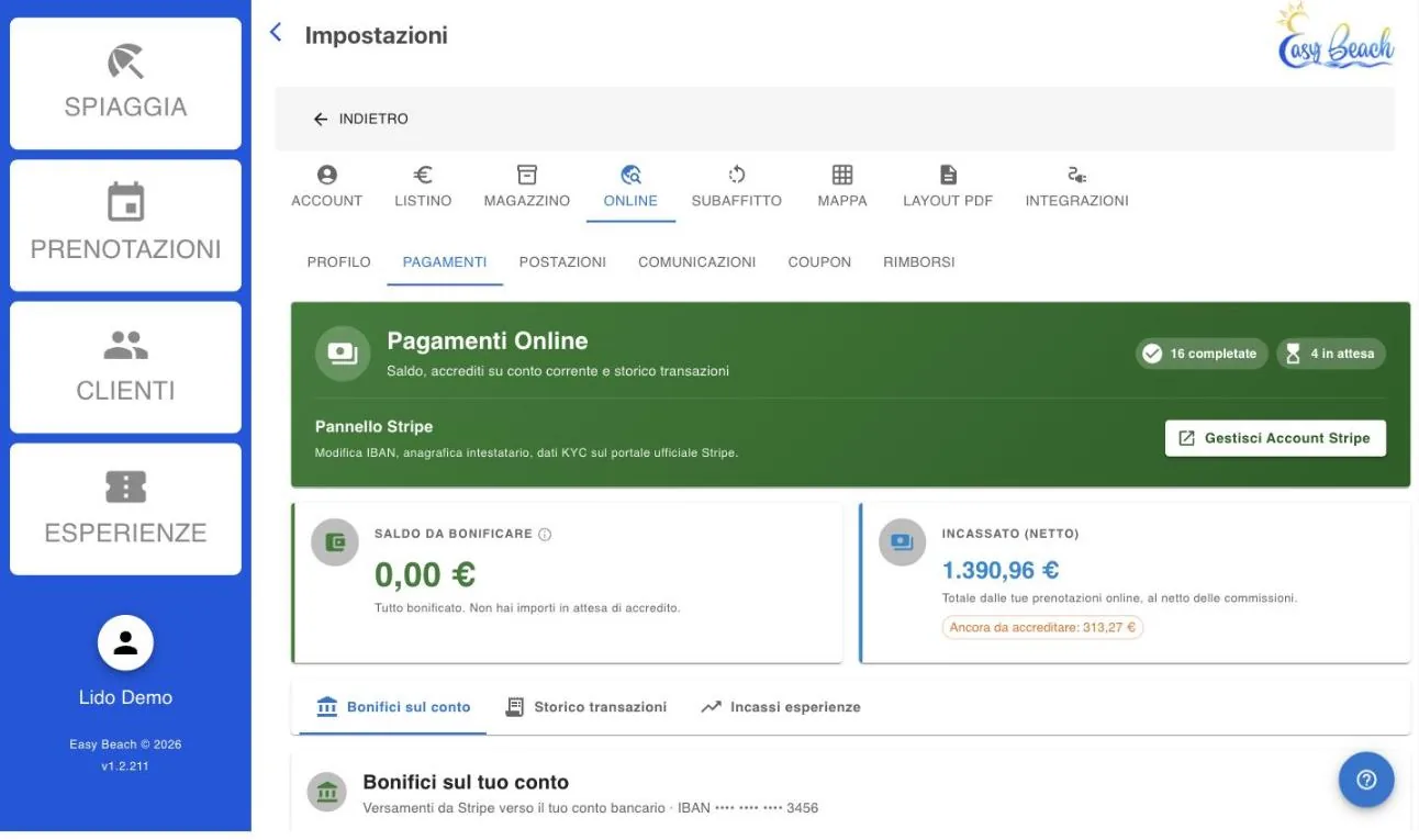 Pagamenti online in Easy Beach: incassi, bonifici sul conto e importi in attesa