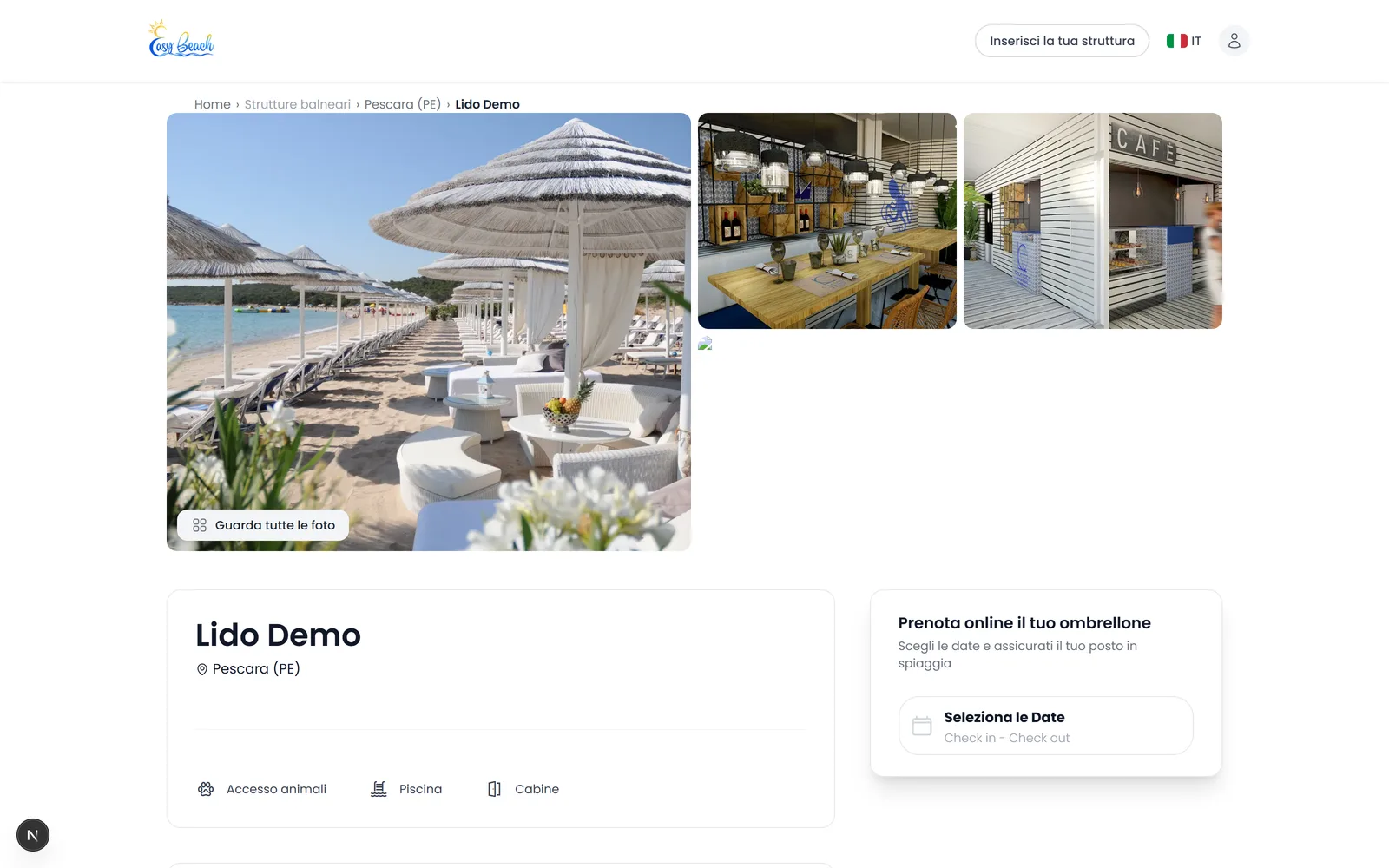 Pagina di prenotazione online di uno stabilimento su Easy Beach